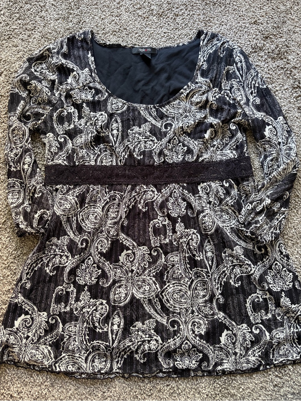 Style & Co. Black and White Paisley Lace-Trim 3/4 Sleeve Top